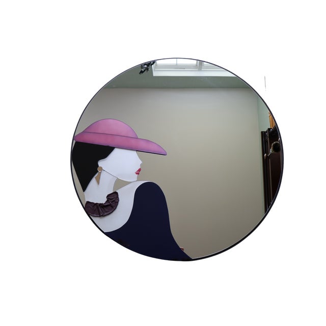 1990s 1990 David Marshall 36-Inch Round Art Deco Revival Woman in Pink Hat Wall Mirror For Sale - Image 5 of 18