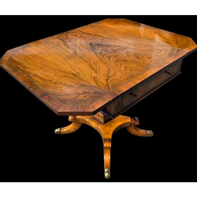 Traditional Vintage Regency Revival Rosewood Pedestal Drop-Leaf Table With Drawer, Brass-Mounted Base For Sale - Image 3 of 12