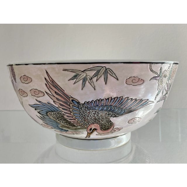 Large Chinoiserie Pale Pink Bowl With Crane For Sale - Image 4 of 10