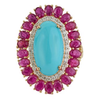 14k Yellow Gold 9.1ct Oval Cabochon Turquoise & Diamond Ruby Ring Size 5.5 For Sale