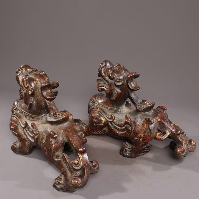 Late 19th Century Pair of Antique Gilt Bronze Pixiu Statues, Mythical Beast Figures, 5.98kg For Sale - Image 5 of 9