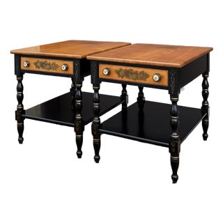 Vintage L. Hitchcock Country Farmhouse Solid Maple 1 Drawer Side Tables in Black / Harvest Maple - A Pair For Sale