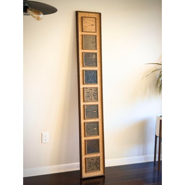 Mid 20th Century Oversized Tall Vertical Textile Panel With Batik Insets and Grasscloth Backing, Carved Custom Wood Frame, Architectural Wall Art For Sale - Image 5 of 12
