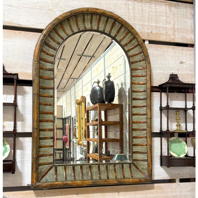 Contemporary La Barge Style Arch Top Polychromed Bamboo & Leaf Motif Beveled Mirror For Sale - Image 3 of 9