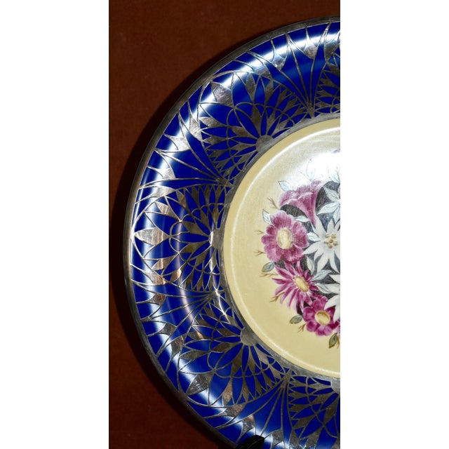 Metal Vtg. Colbalt Blue, Floral Bouquet W/Silver Overlay Plate Made in Germany For Sale - Image 7 of 13