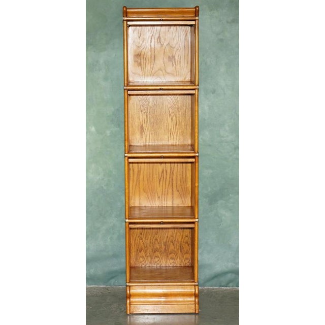 Antique Modular Honey Oak and Gilt Brass Stacking Bookcase with Glazed Retracting Doors For Sale - Image 15 of 18