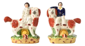 Staffordshire Children Riding Dogs Figurines, 1900s, Set of 2