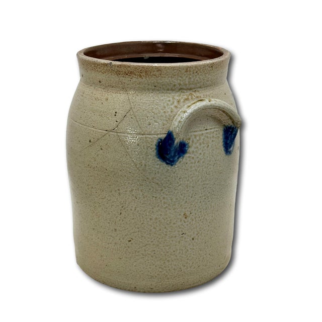 Small 1 Gallon Size Blue Decorated Antique American Stoneware Butter Churn Crock by Cowden & Wilcox Harrisburg Pennsylvania For Sale - Image 17 of 18