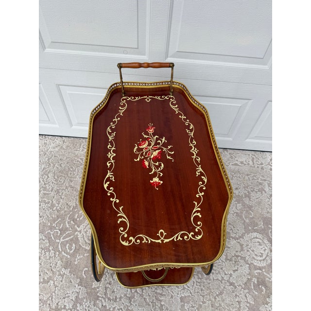 Mid-Century Traditional Wood and Brass Tea Cart With Floral Detail For Sale - Image 12 of 14