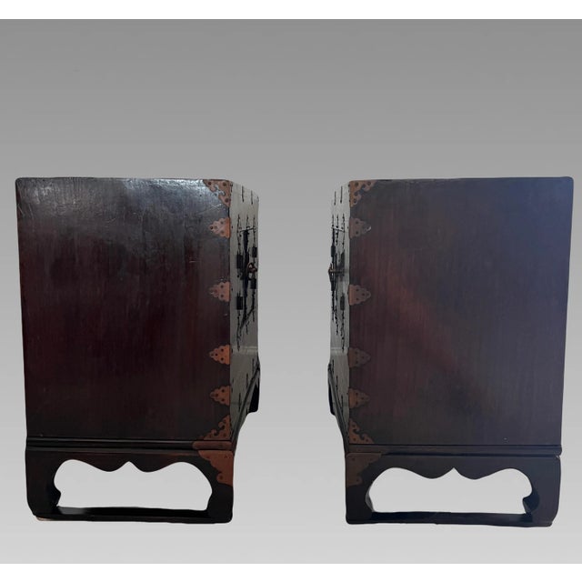 Vintage Joeson Style Kayaki Wood Korean Nightstands / Bandaji Chests With Copper & Brass Hardware, Cabinets or Side Tables - A Pair For Sale - Image 4 of 13