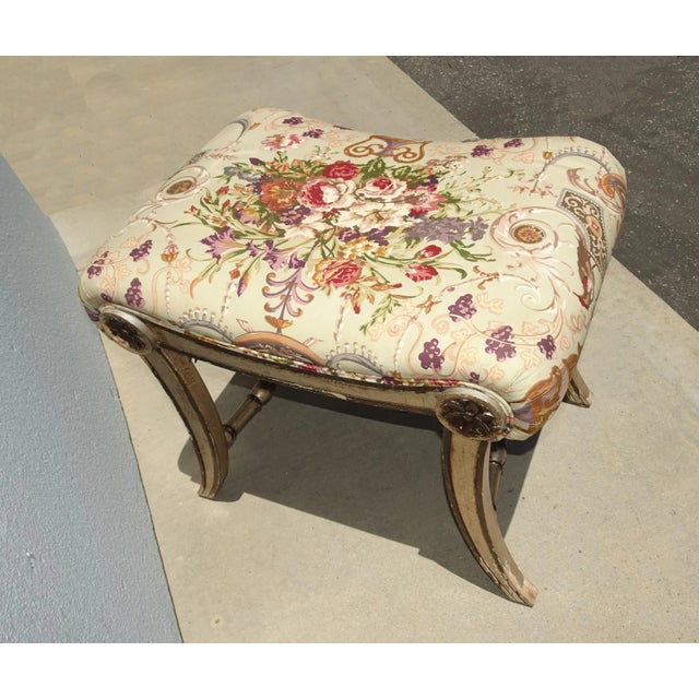 1970s Vintage French Country Floral Vanity Bench W Silver Gilt Base #1 For Sale - Image 5 of 12
