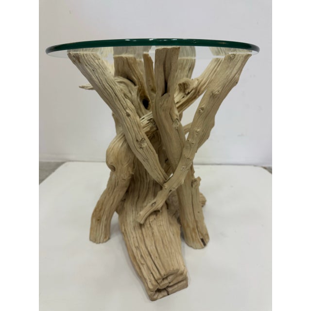 For your consideration: vintage Coastal driftwood side table. Glass top