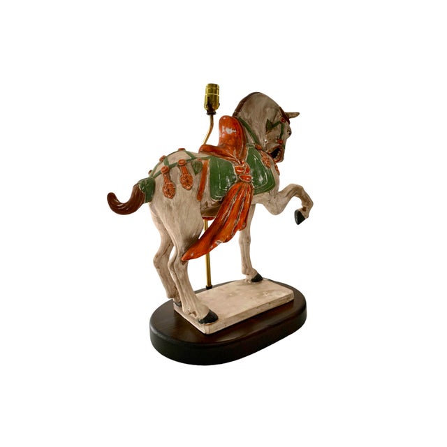 Late 20th Century Late 20th Horse Lamp Vintage Large Asian Pottery Tang Horse on Wooden Base for Oriental Decor For Sale - Image 5 of 11