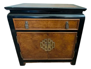 Vintage Century "Chin Hua" Nightstand - Burl Wood & Black Lacquer