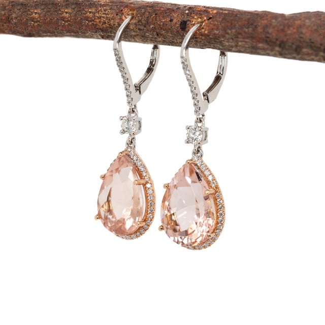 Art Deco 14x10mm, 10cts - Peach Morganite Earrings W Natural Diamonds in Solid 14k Gold- Set of 2 For Sale - Image 3 of 6