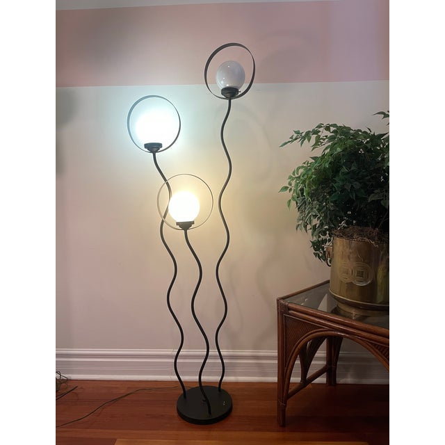 1980s Postmodern Black Metal Triple Globe Floor Lamp With Halo Rings For Sale - Image 4 of 8