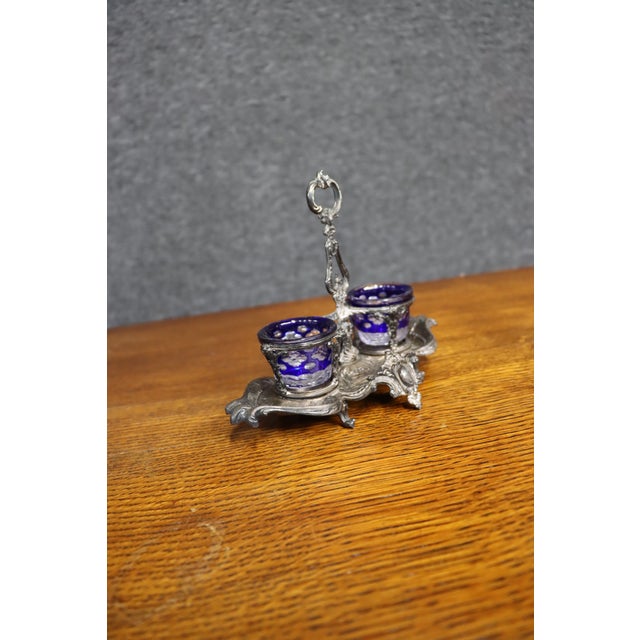 Late 19th Century Late 19th Century Double Salt Cellar With Cobalt Blue Glass Liners, Rococo Revival For Sale - Image 5 of 13