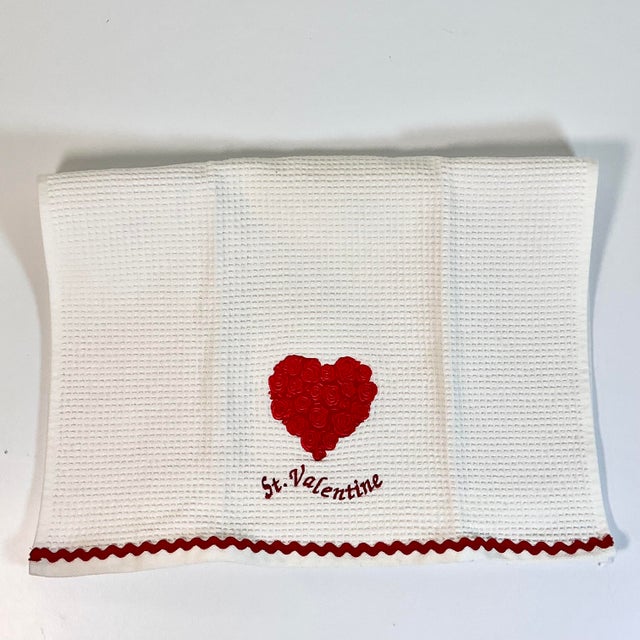 1990s Vintage Hollywood Regency St. Valentine Waffle Kitchen Towel With Roses Heart For Sale - Image 5 of 13