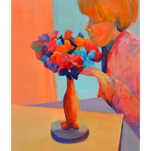 Woman with a colorful flower vase. Presented in a rustic wooden frame. Unsigned. Image: 28"H x 22"W. Unknown Bay Area...