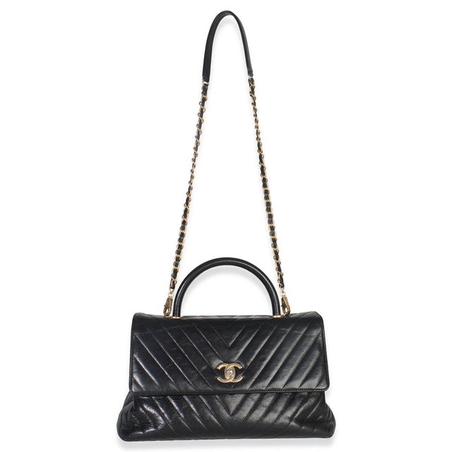 Black Black Chevron Aged Calfskin Large Coco Top Handle Bag For Sale - Image 8 of 8