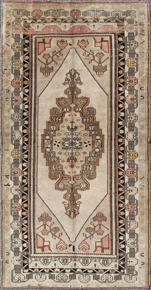 1940's Vintage Turkey Oushak Tribal Geometric Medallion 3'9 X 7'7