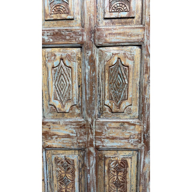 Mid-Century Modern Vintage Carved Wood Single Door in Rustic Blue | Handcrafted Farmhouse Barn Door 80x32 For Sale - Image 3 of 5