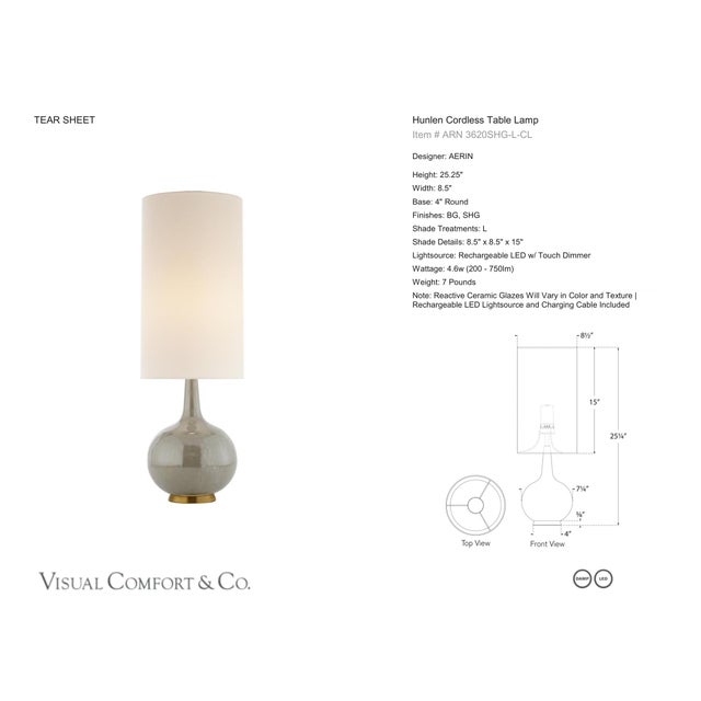 AERIN by Visual Comfort Signature Hunlen Cordless Table Lamp in Shellish Gray with Linen Shade Designer: AERIN Height:...