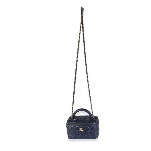 Blue Navy Quilted Lambskin Top Handle Vanity Case With Chain For Sale - Image 8 of 9