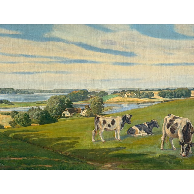 1920s Rasmus Christiansen, Danish Fjord Landscape with Grazing Cattle, Oil on Canvas, 1920s For Sale - Image 5 of 8