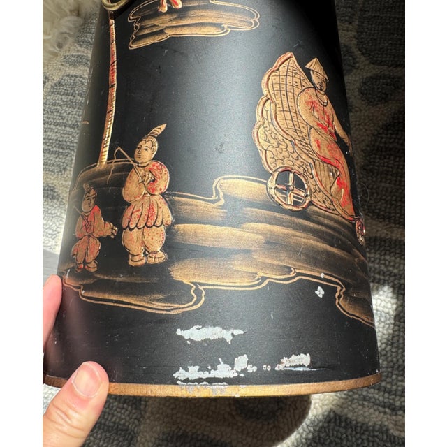 Black Vintage Gold Black Chinoiserie Hand Painted Toleware orTrash Can or Planter Umbrella With Lion Head Handle 16"x8.75" - Some Paint Loss For Sale - Image 8 of 8
