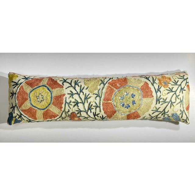 Orange Antique 19th Century Uzbek Suzani Embroidered Pillow - Lumbar Cushion For Sale - Image 8 of 15