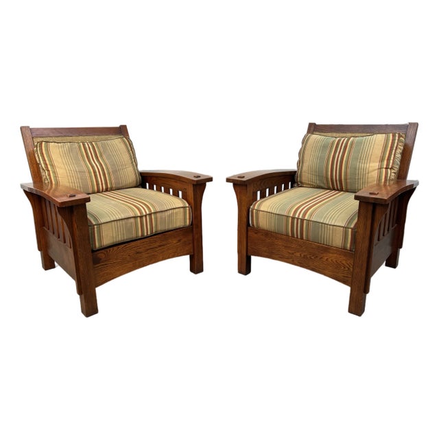 Late 20th Century Handcrafted Slatted Mission Oak Lounge Chairs For Sale