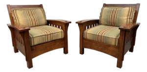Late 20th Century Handcrafted Slatted Mission Oak Lounge Chairs