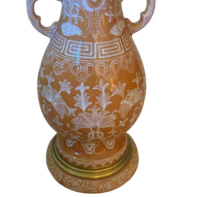 Orange 1960s Hollywood Regency Ceramic Lamp, Pale Orange With White Chinoiserie Decoration. Terra Cotta Base. Original Lampshade With Greek Key Tape Trim For Sale - Image 8 of 9