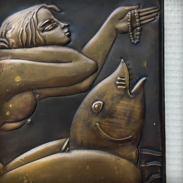 Brown Brass Plaque Depicting a Woman and a Dolphin, France, 1960s For Sale - Image 8 of 17