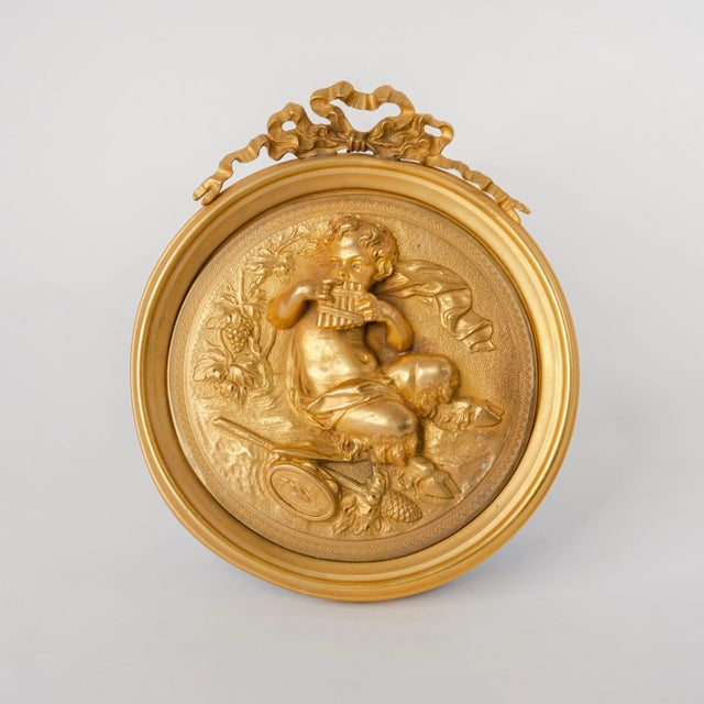 F. Barbedienne Foundry Pair of French Gilt Bronze Round Figural Wall Plaques, France, 19th Century For Sale - Image 4 of 11