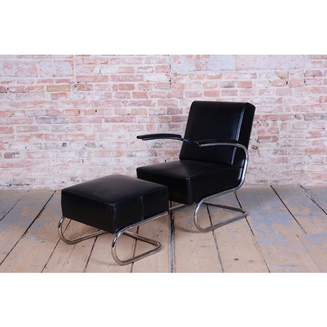 Set of Art Deco Lounge Chair with Ottoman in Chromed Steel and Leather by Willem Hendrik Gispen for Mücke Melder, Czech, 1930s For Sale - Image 9 of 12