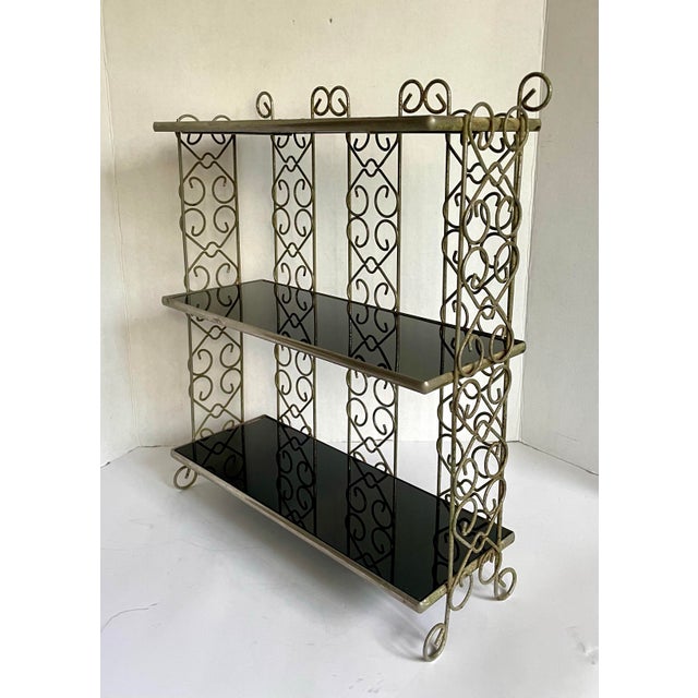 Silver Mid-Century Hollywood Regency Silver-Tone Metal Tabletop Étagère With Black Glass Shelves For Sale - Image 8 of 12