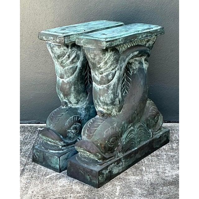 Vintage Patinated Bronze Dolphin Table Pedestals - A Pair For Sale In West Palm - Image 6 of 12