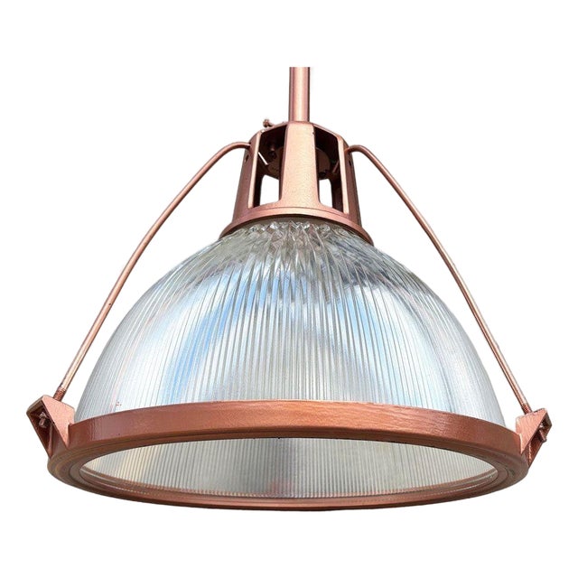 1950s Mid Century Modern Holophane Pendant Ceiling Light Copper-Tone Finish For Sale