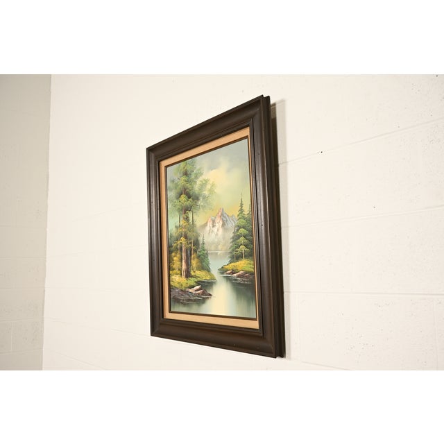 Mid-Century Modern Bob Ross Style Original Signed Lakeside Mountain Landscape Oil Painting in Carved Wood Frame For Sale - Image 3 of 16