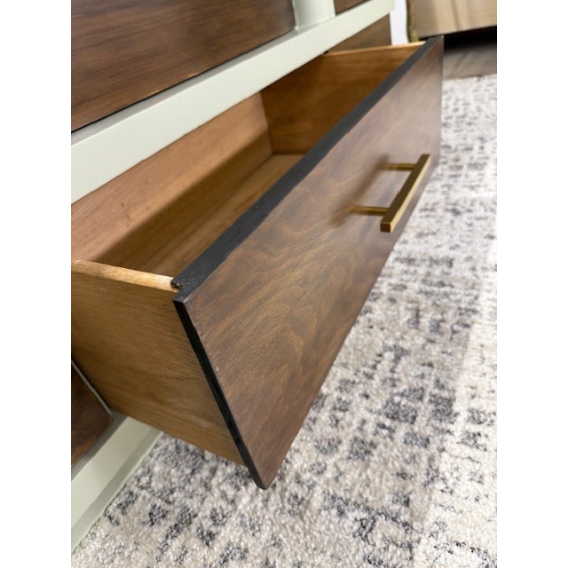 Wood Professionally Refinished Mid Century Modern Walnut Dresser in Farrow & Ball "Verte De Terre" For Sale - Image 7 of 11