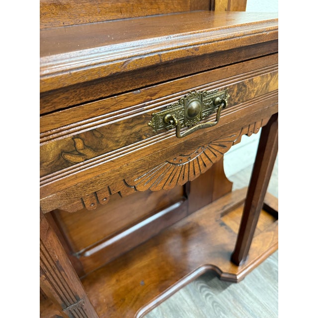 Antique Victorian Eastlake Walnut Hall Tree With Mirror and Hooks and Drawer For Sale - Image 9 of 18