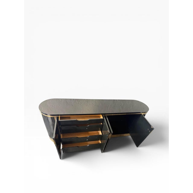 1970s Rare Mastercraft Brass Shield Pull Credenza — Racetrack Form For Sale - Image 9 of 18