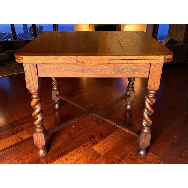 1930s Solid Quarter Sawn Oak Barley Twist Draw Leaf Table. For Sale - Image 12 of 12