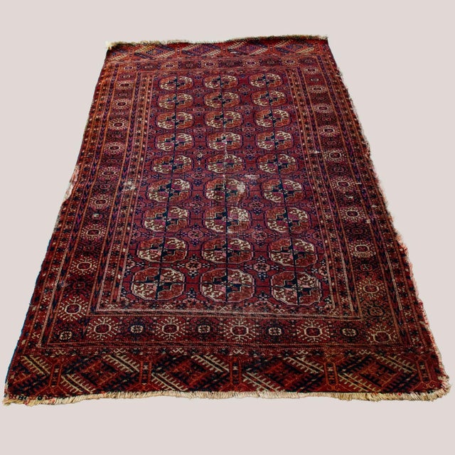 Antique Tribal Ersari Beshir Rug in Hand-Knotted Wool, 1890s, in Worn conditions. Designed 1890 to 1919