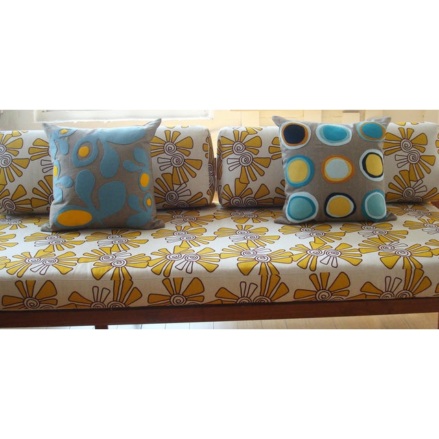 Modern Mona Circles Pillows– Coastal Blue, Yellow & Orange Felt Appliqué on Linen- Set of 2 For Sale - Image 3 of 3