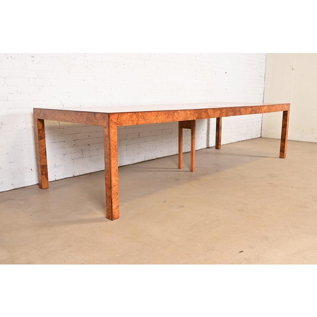 Milo Baughman Milo Baughman Style Burl Wood Parsons Extension Dining Table, Newly Refinished For Sale - Image 4 of 15