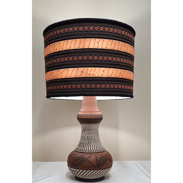 1970s Vintage Table Lamp with Beige-Brown Ceramic Base and Fabric Shade from Lamplove, 1970s For Sale - Image 5 of 8