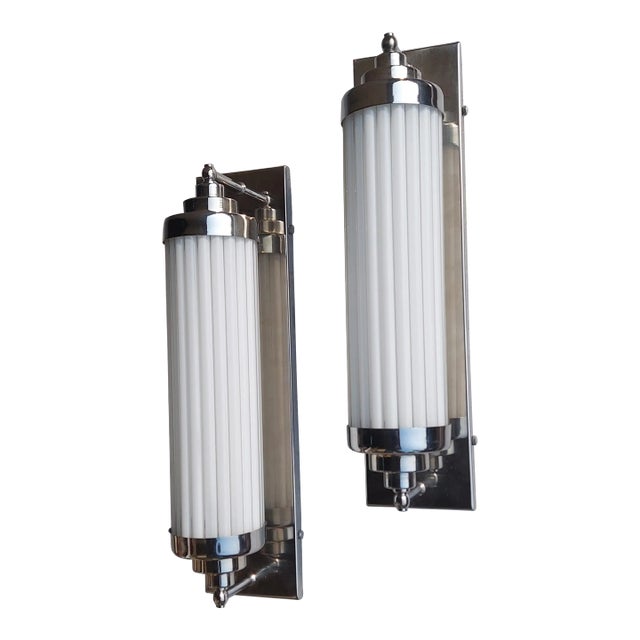 Vintage Art Deco Skyscraper Wall Sconces Fixture in Nickel Brass & Milk Glass - a Pair For Sale